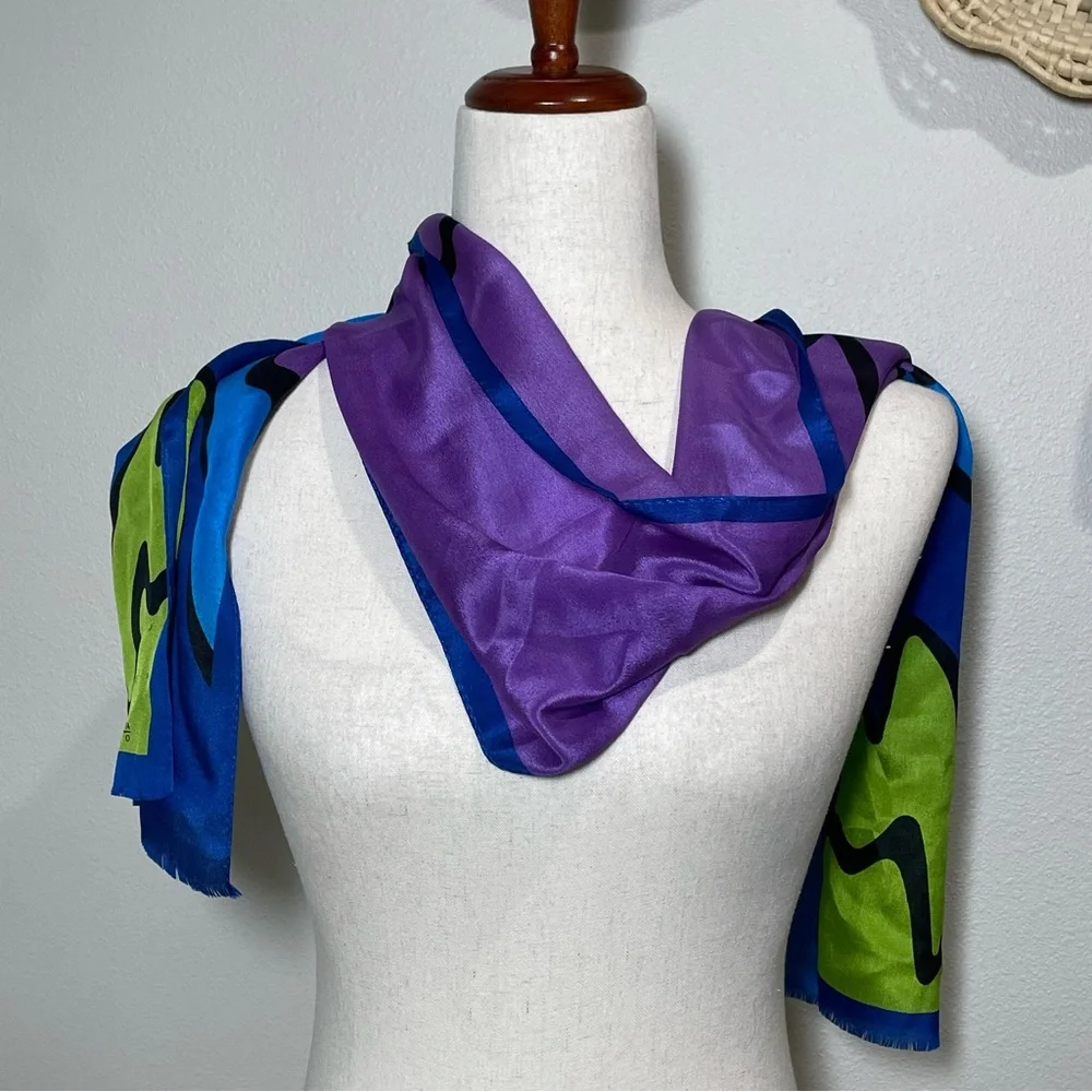 Vintage Oscar de la Renta Studio Silk Scarf Wave Pattern Green Blue Purple